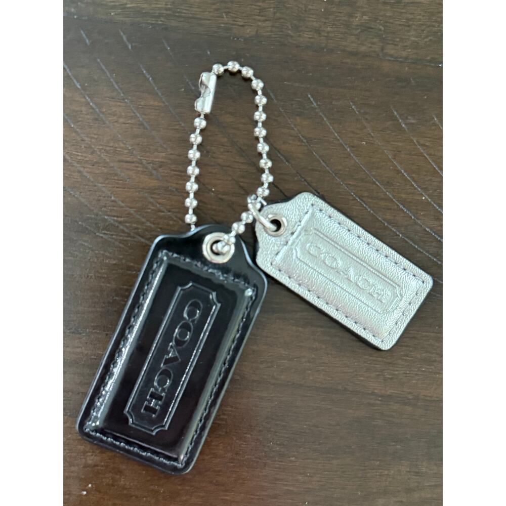 Coach Leather Hangtag Keychain Black Silver Ball Chain 2” Fob Authentic